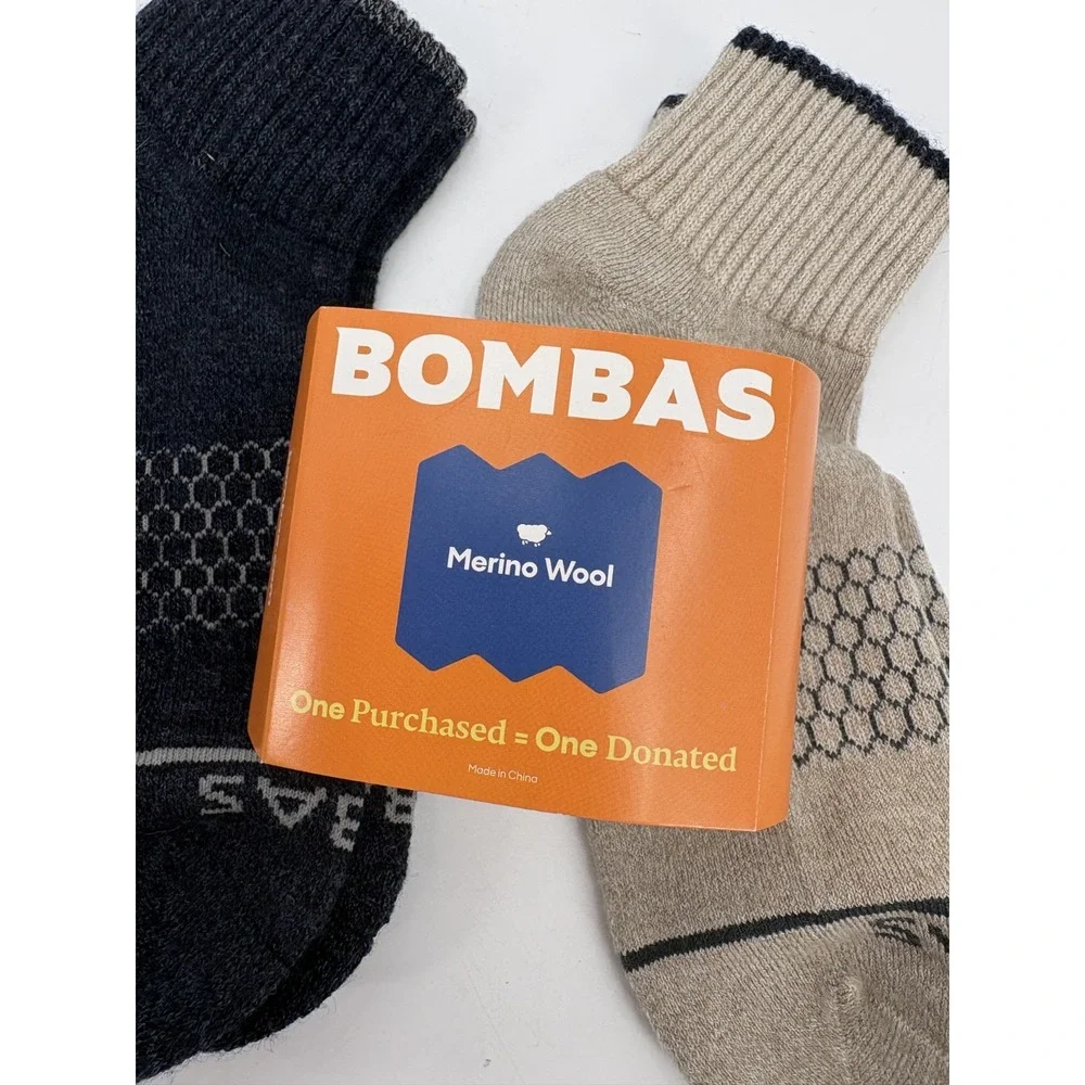 Bombas 2 Pairs Merino Wool Midweight Quarter Socks Beige & Navy, Large, NEW